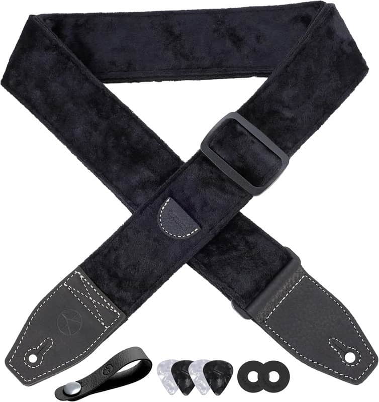 Guitar Strap 2 inch Velvet Guitar Straps with Full Grain Leather End, for Bass Electric and Acoustic Guitars, Free Strap Button, 2 Strap Locks and 4 Guitar Picks image 1