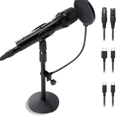 XLR/USB Dynamic Recording Microphone for Singing, Metal Studio Music Recording Microphone with Mic Gain, Desktop Stand, Pop Filter, Headphone Jack, for PC, Audio Interface, Mixer, for YouTube Video image 1