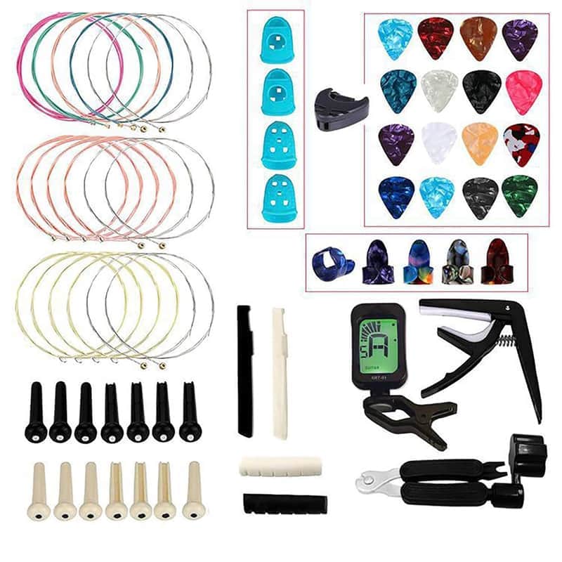 65 Pcs Guitar Accessories Kit Including Guitar Strings, Picks, Capo, Thumb Finger Picks, String Winder, Bridge Pins, Pin Puller, Pick Holder, Finger Protect