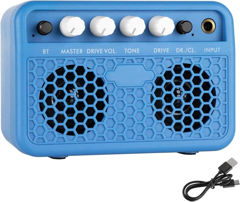 Guitar Mini Amp, 5W Rechargeable Bluetooth Guitar Amplifer Combo for Desktop Practice, Dual Channel,with Headphone Jack, Blue image 1