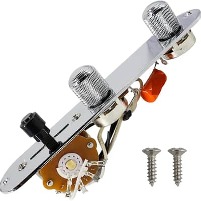 Fully Loaded Guitar Control Plate Prewired 3-Way Switch 250K Large Potentiometers Knurled Volume Tone Controls Knobs for Tele/Telecaster Electric Guitar Parts Replacement (Chrome) image 1
