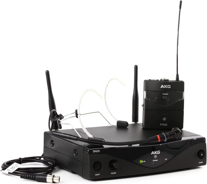AKG Pro Audio WMS420 Headworn Set Band A Wireless Microphone System with SR420 Stationary Receiver, P420 Pocket Transmitter, and C555L Headworn Microphone image 1