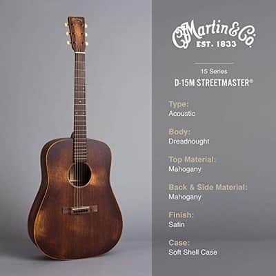 Martin Guitar D-15M StreetMaster with Gig Bag, Acoustic Guitar for the Working Musician, Mahogany Construction, Distressed Satin Finish, D-14 Fret, and Low Oval Neck Shape image 5