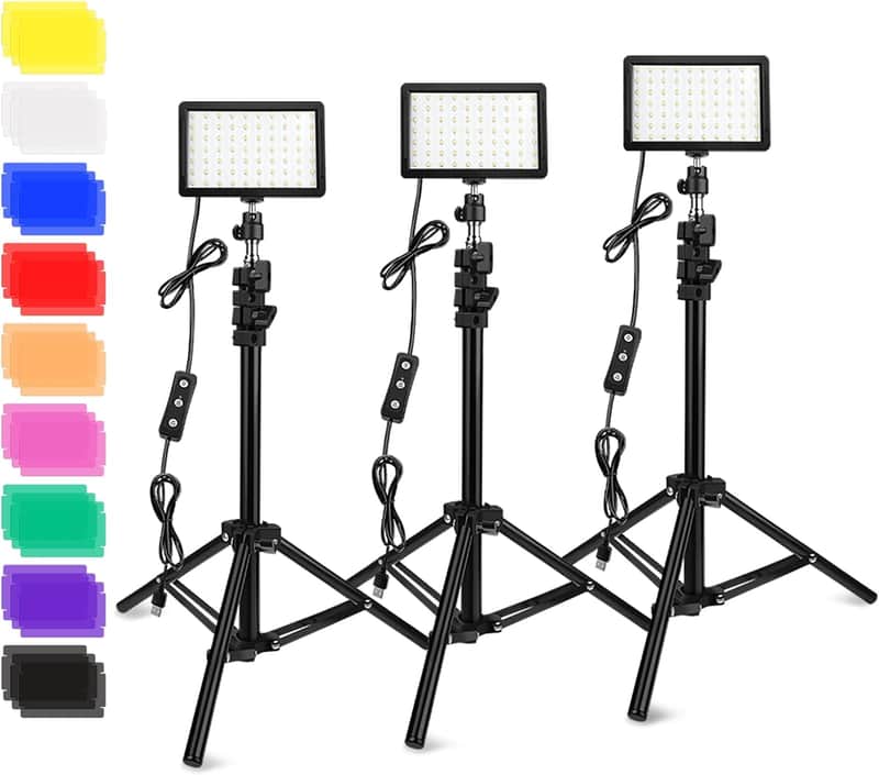 3 Packs 70 LED Video Light with Adjustable Tripod Stand/Color Filters, 5600K USB Studio Lighting Kit for Tablet/Low Angle Shooting, Collection Portrait YouTube Photography image 1