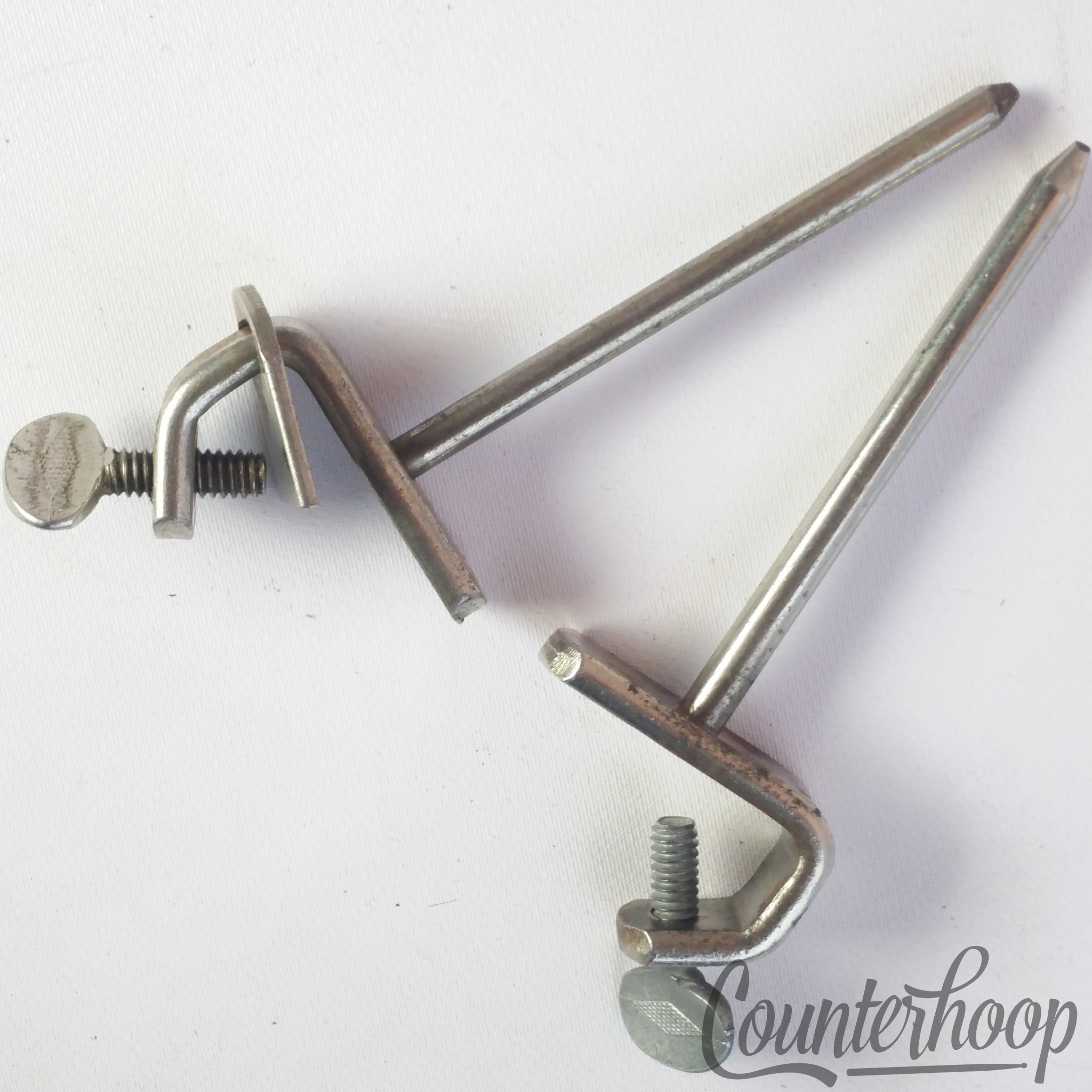 Ludwig Bass Drum Spurs Nickel Spikes Clamp-On Mounts Vintage 30s Legs 2x Set USA — main photograph