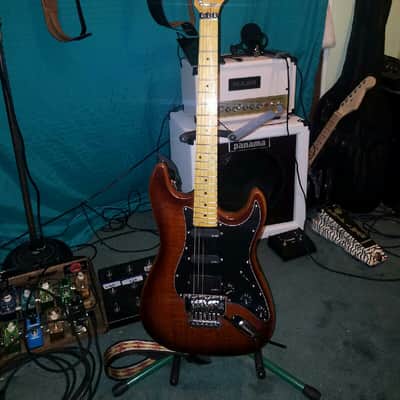 Fender Strat Locking Trem Neck Thru Burl Top Trans Cherry Brust image 2
