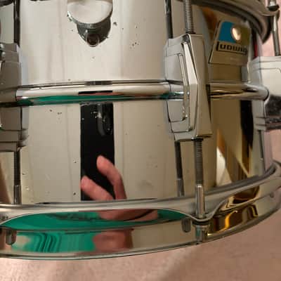 Ludwig No. 402 Supraphonic 6.5x14" 10-Lug Aluminum Snare Drum with Pointed Blue/Olive Badge 1969 - 1979 - Chrome-Plated image 17