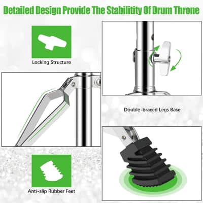 Adjustable Drum Throne with Padded Seat – Anti-Slip Drum Stool for Adult & Kids Drummers, Silver image 3