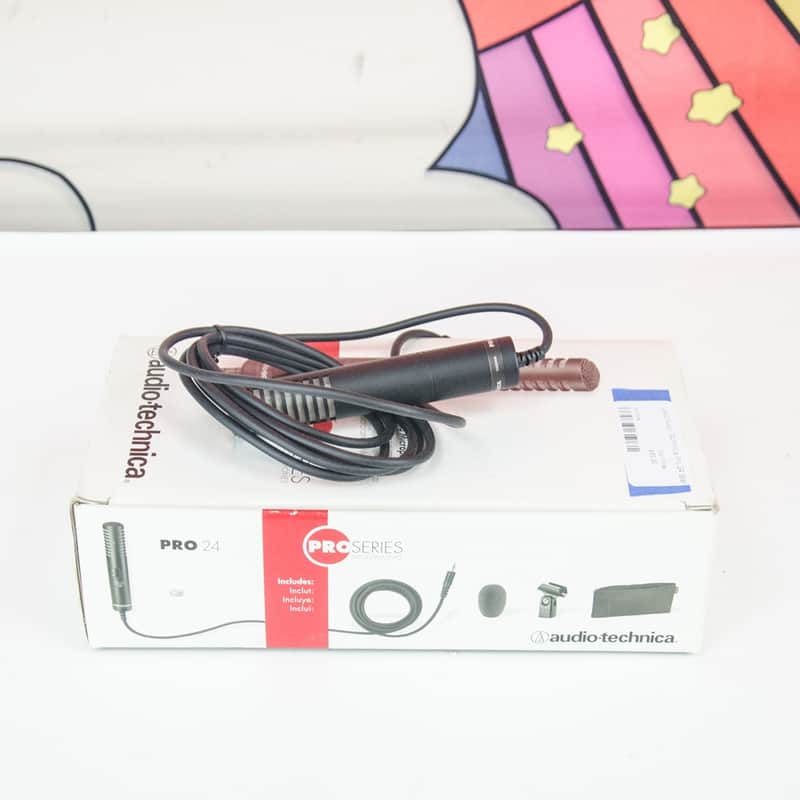 Used Audio Techhnica Pro 24 Stereo Condensor Microphone X-Y Configuration w/ Box & windscreen, & mic clip. Attached TRS 1/4 Cable image 1