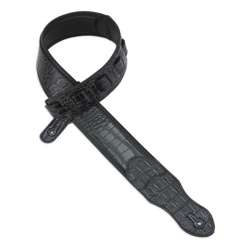 Walker and Williams F-15 Black Leather Alligator Pattern Guitar Strap with Padded Glove Leather Back image 1