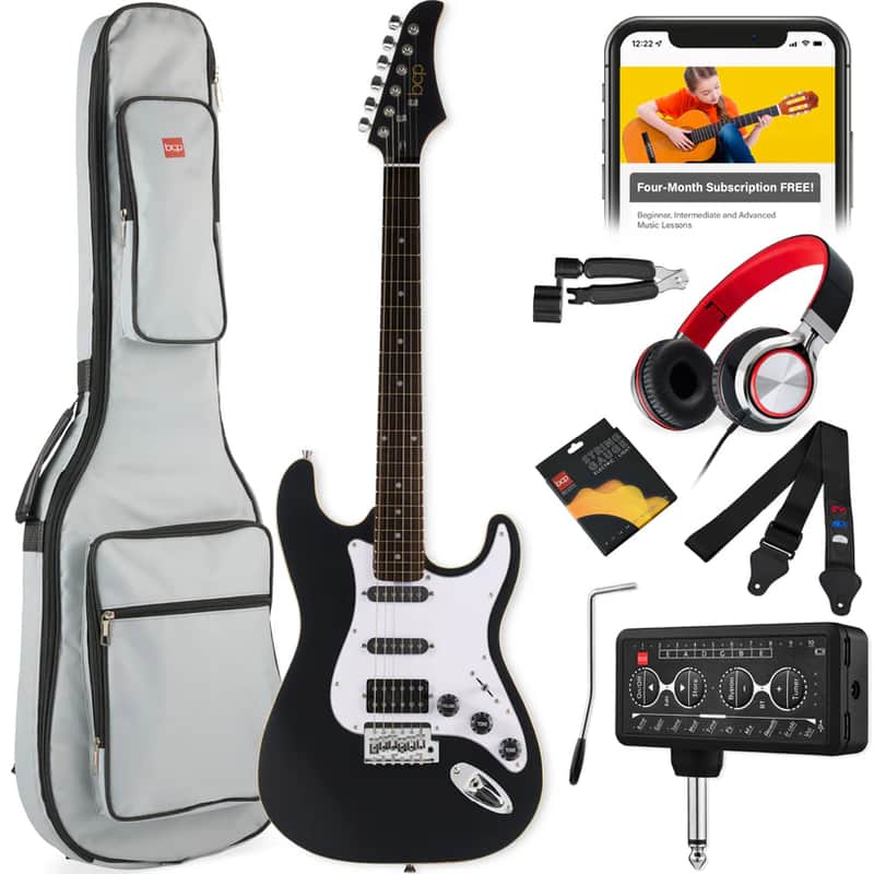 Beginner Electric Guitar Kit w/ Headphone Amp, Padded Gig Bag, Headphones - Black image 1