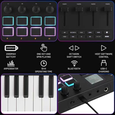 M-vave SMK-37 PRO 37 Key USB MIDI Keyboard Controller With 16 Backlit Drum Pads, Bluetooth Semi Weighted Professional dynamic keybed 8 Knobs and Music Production,Software Included (Price includes the import duty for US buyer) image 5