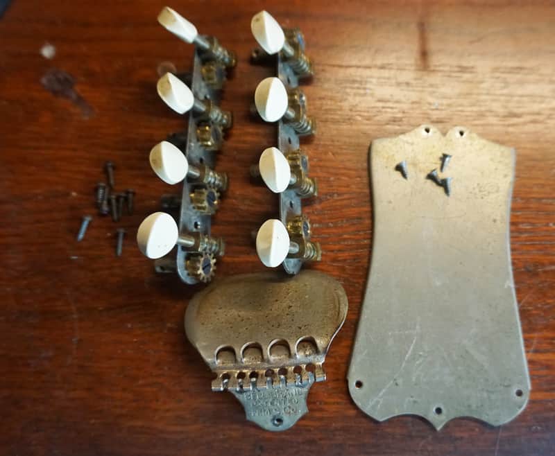 Vintage Mandolin Parts Bridge, Tuners & Headstock Plate “Bell Brand” image 1