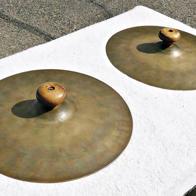 Soleman (?) Vintage 15" Marching Crash Cymbals with Wooden Handles - Traditional Natural Brass - PV Music Drum Shop Inspected and Tested - Play / Sound / Look Great image 2