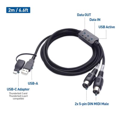 MIDI to USB Cable 6.6 ft / 2m (USB MIDI Cable, MIDI to USB C Cable) in Black image 2