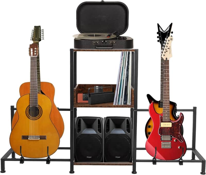 Guitar Stand for Multiple Guitars, 4-tier Guitar Stand, Adjustable Guitar Stand for Bass, Guitar, Electric,3 Holder floor for AMP,Record, Music Album, Music Organizer for Music Home Studio(4-tier) image 1