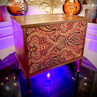 Rotary Connection 1x12 light up loaded guitar speaker cab on legs! Vintage 8 ohm speaker. Semi open. Quality hardwoods. Vintage MCM style. Paisley grill cloth. Heavy duty Switchcraft jack. 2026 - Wood image 2