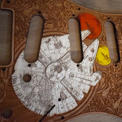 Hand-Painted Cherrywood Pickguard for Fender Stratocaster HSS/SSS – Laser-Engraved 'Stumble' Design image 5