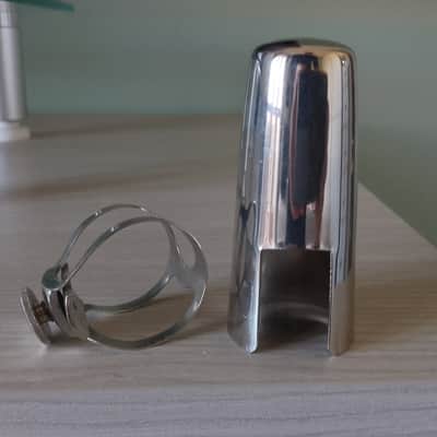 Rare ROC made in England nickel plated cap & ligature for tenor saxophone mouthpiece. image 4