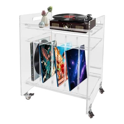 Clear Acrylic Record Player Stand with Wheels – Rolling Vinyl & CD Storage Table, 3-Tier Modern Cart image 1
