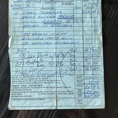 Carl Thompson Fretless "Battle" Bass 1976 fully documented example w/original Gracin's Bill of Sale. image 10
