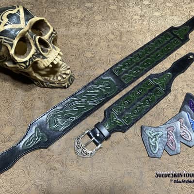 Custom Tooled Leather Celtic Knot Dragon Norse Viking Guitar Strap Colors SuedeSkinTools image 1