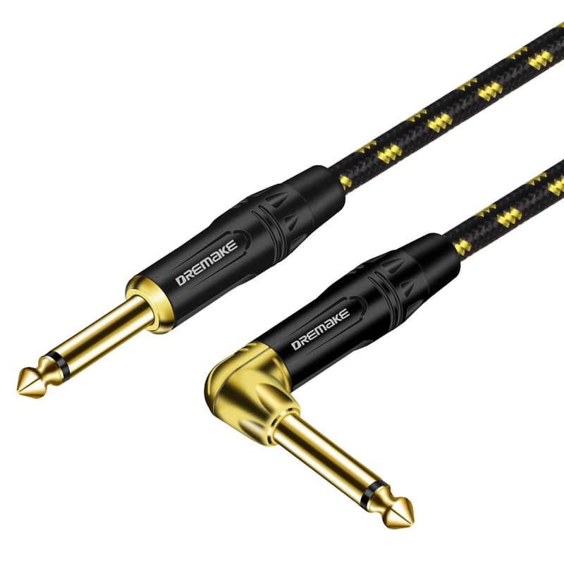 1/4 Guitar Amp Straight To Right Angel Patch Cord, 6 Feet Quarter Inch Cable Black/Yellow Braided Tweed, Jack 6.35Mm 1/4 Inch Guitar Cable For Electric Guitar, Bass, Keyboard To Pa Certified image 1