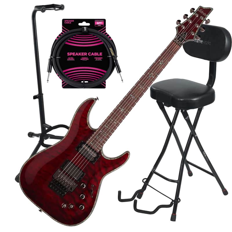 Schecter Hellraiser C-1 FR-S Electric Guitar – Black Cherry - Gator GFW-GTR-SEAT and Stand Combo - Guitar Cable 1/4 Bundle