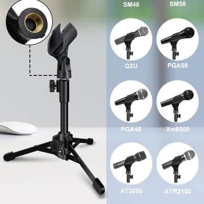 Desktop Mic Stand Portable Foldable Tripod with Mic Clip Holder and 5/8" Male to 3/8" Female Screw Adjustable Microphone Stand. image 2