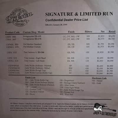 Gibson Ephemera - Confidential Dealer Price List (1999) image 2
