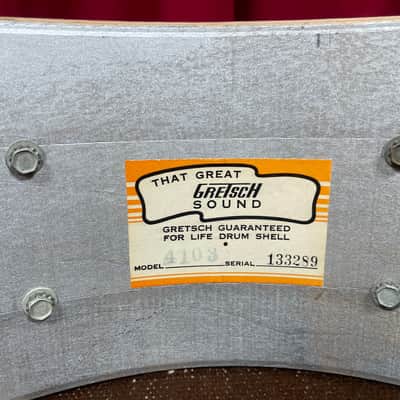 1970s Gretsch 4103 Renown 5.5x14 Snare Drum Stop Sign Badge White Marine Pearl image 14