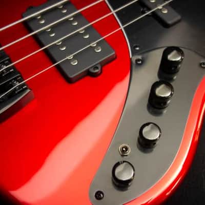 Sandberg California II / TM / Blacklabel PUs / 4-String 34″ / Highgloss Metallic Red / Alder Body / Pau Ferro FB / Varied Dot Inlays / Black Head Stock / Black Hardware / Active 2-EQ / Split Switch / Black Pickguard - 8.3 pounds SN 50005 image 13