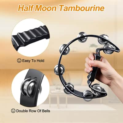 10 Pcs Black Tambourines for Adults And Kids - Half Moon Tambourine, Wood Rhythm Sticks, Bells Tambourine, Wrist Bells, Egg Shakers, a Pair Maracas, Musical Percussion Instrument Set for Church,Party image 2