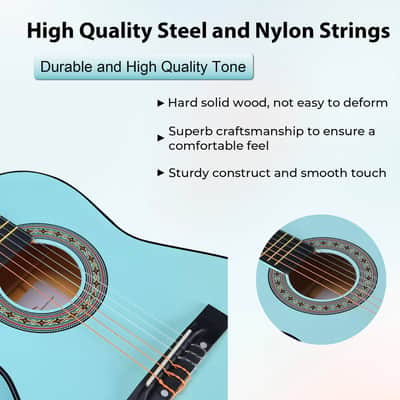 ADM Beginner Acoustic Classical Guitar 38 Inch Nylon Strings Wooden Guitar Bundle Kit for Kid Boy Girl Student Youth Guitarra Online Lessons with Gig Bag, Strap, Tuner, Strings, Cyan Green image 4