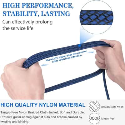 1/4 Inch Cable Guitar Cable 10 Ft Straight to Right Angle 1/4 Inch 6.35mm Plug Bass Keyboard Instrument Cable Blue and Black Tweed Cloth Jacket, Electric Mandolin, pro Audio image 3