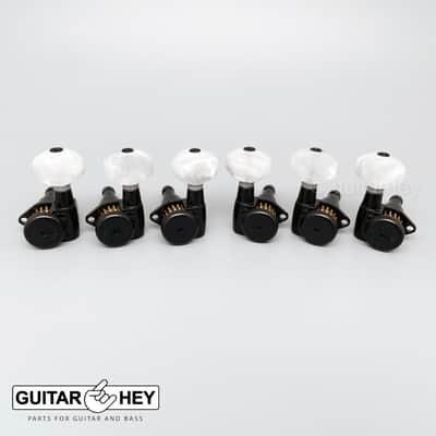 NEW Hipshot Grip-Lock Open-Gear TUNERS w/ White Pearloid Buttons Set 3x3 - BLACK image 2