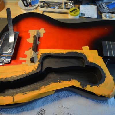 c. 1966 Vintage Harmony Holiday Bobcat, in Redburst w/DeArmond Gold foil PU's. New Black Dunlop Straplocks & New tuners installed, Fret markers installed, Ground installed & Set-Up, plus New Garry Black Hardshell Case image 13
