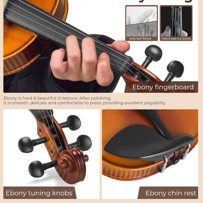 Violin 4/4 Full Size Set, Fiddle Solid Wood for Professional Intermediate Beginners Adults Kid Teens Student Acoustic Violins Kit with Ebony Fittings, Hard Case, 2Pcs Violin Bow by Vangoa image 2