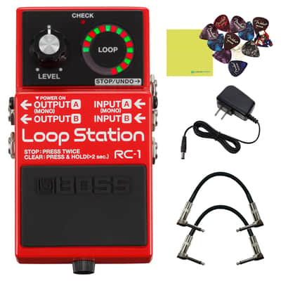 Boss RC-1 Loop Station Looper Pedal Bundle w/2x Strukture S6P48 Woven Right Angle Patch Cables, 12x Guitar Picks, 9V Power Adapter and Liquid Audio Polishing Cloth image 1