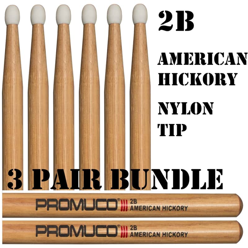 Promuco American Hickory Drumstick 3 Pair Bundle 2B Nylon Tip image 1