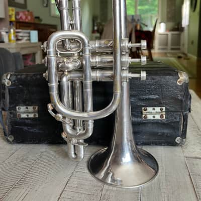 J.W. York & Sons “New Model Monarch” Cornet — c. 1908 — Silver Plate — Serial #18143 — Original Case, Mouthpiece & Maker’s Sash image 5