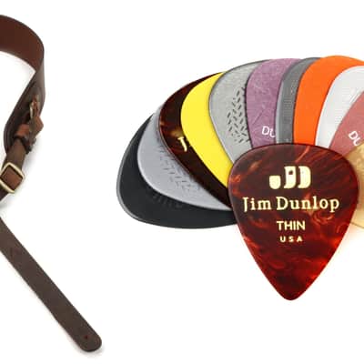 LM Products Odin Viking Series Leather Strap - Brown Bundle with Dunlop PVP101 Guitar Pick Variety Pack - Light/Medium (12-pack) image 1