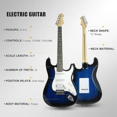 Soild Body Electric Guitar Kit with Amp 20W, Strings, Strap, Tuner, Picks, Gig Bag, Cable, Tremolo Bar, 39" Full Size Guitar HSS Pickups Guitarra Electrica Beginner Gift - Blue image 2