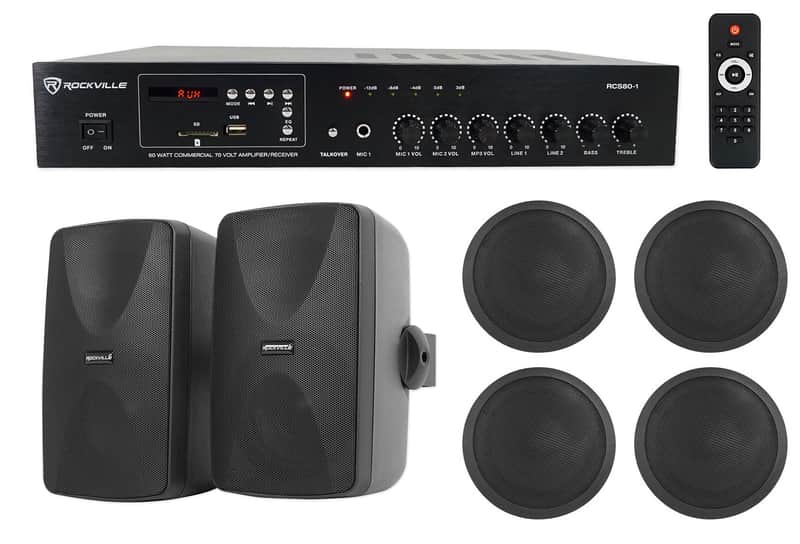 Rockville 70v Commercial/Restaurant Amplifier+2) Black Wall+4) Ceiling Speakers image 1