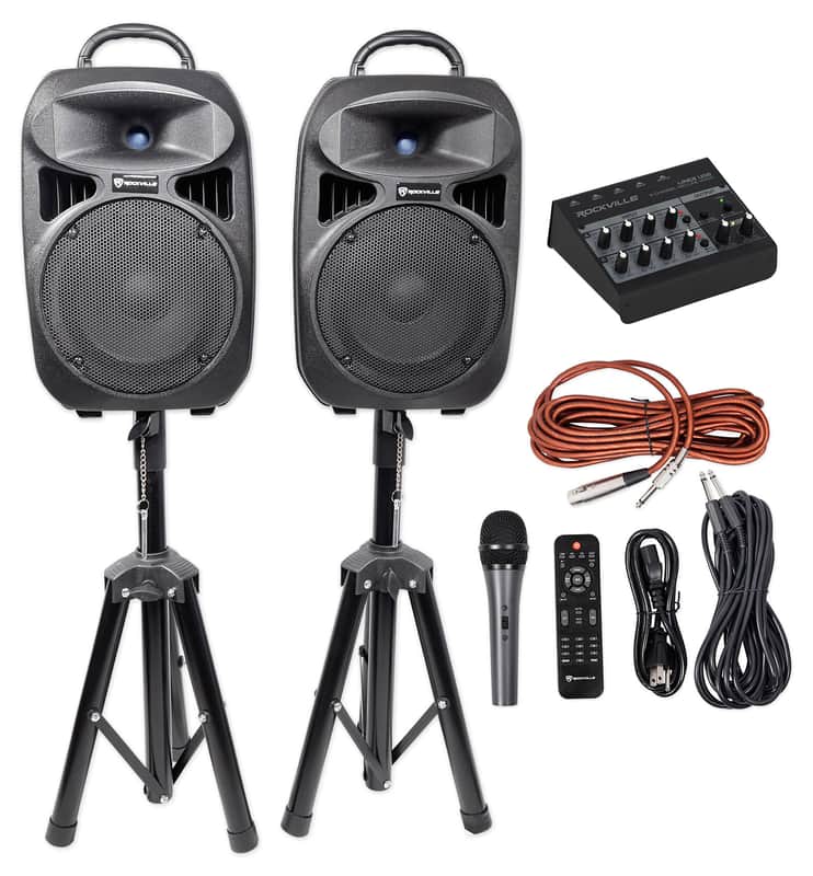 Rockville RPG082K Dual 8" Powered PA System Speakers/Bluetooth+Mic+Stands+Mixer image 1