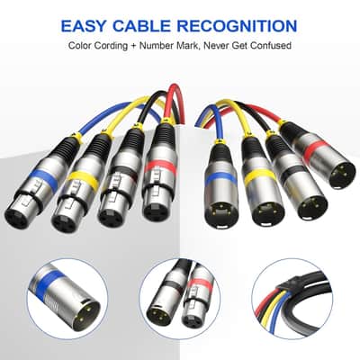 \2 Pack Professional 4 Channel XLR Snake Cables 6FT, Noise Free and Long-Lasting Snake Cable, All Copper Conductors XLR Male to Female Recording Snake for Live and Studios, Color Cording image 3