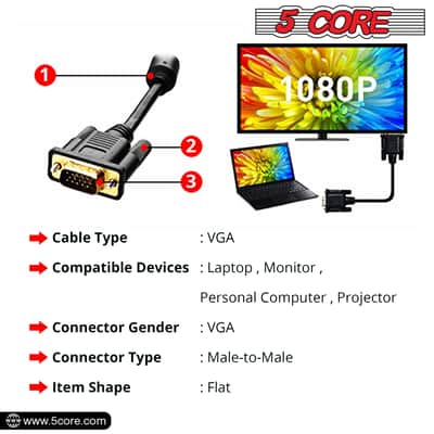 5 Core 3 Feet SVGA VGA Computer Monitor Cable Male to Male 1080p High Resolution - VGA 1001-VGA 1001 image 5