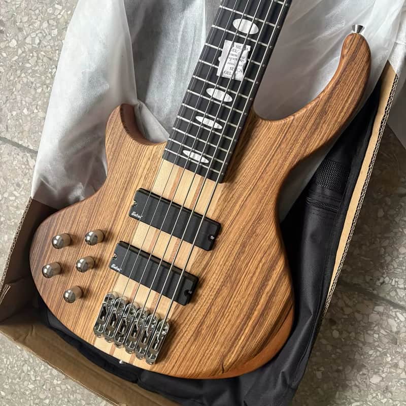 Custom Left Handed 6 String Electric Bass, Zebra Wood Top Body, Maple Neck, 24 Frets Fingerboard image 1