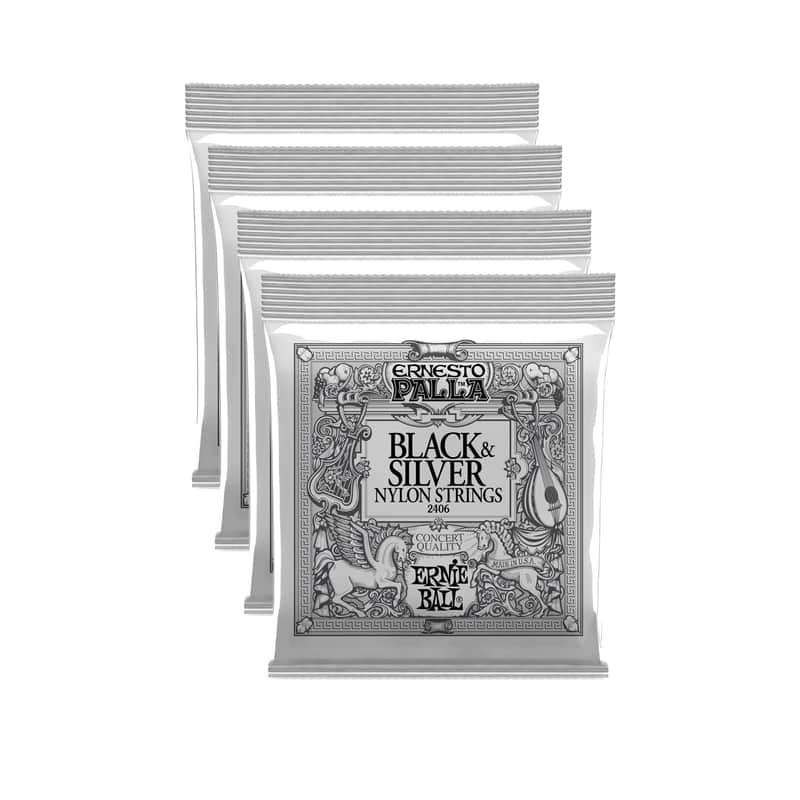 4 PACK Ernie Ball P02406 Ernesto Palla Nylon Black and Silver Classical Tie On Set image 1