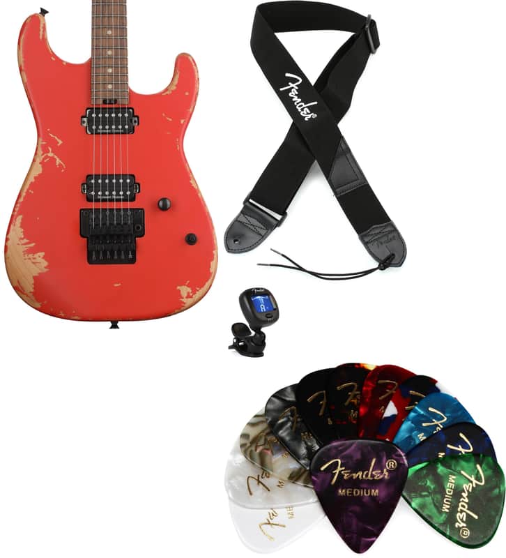 Charvel Pro-Mod Relic San Dimas Style 1 HH FR PF Electric Guitar - Weathered Orange  Bundle with Fender 2" Polyester Logo Strap - Black with White Logo... (4 Items) image 1